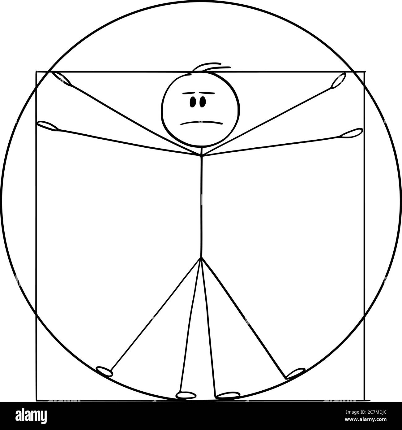 Vektor Cartoon Stick Figur Zeichnung konzeptionelle Illustration von Vitruvian Mann, basierend auf Renaissance-Zeichnung von Leonardo da Vinci repräsentiert ideale menschliche Proportionen. Stock Vektor