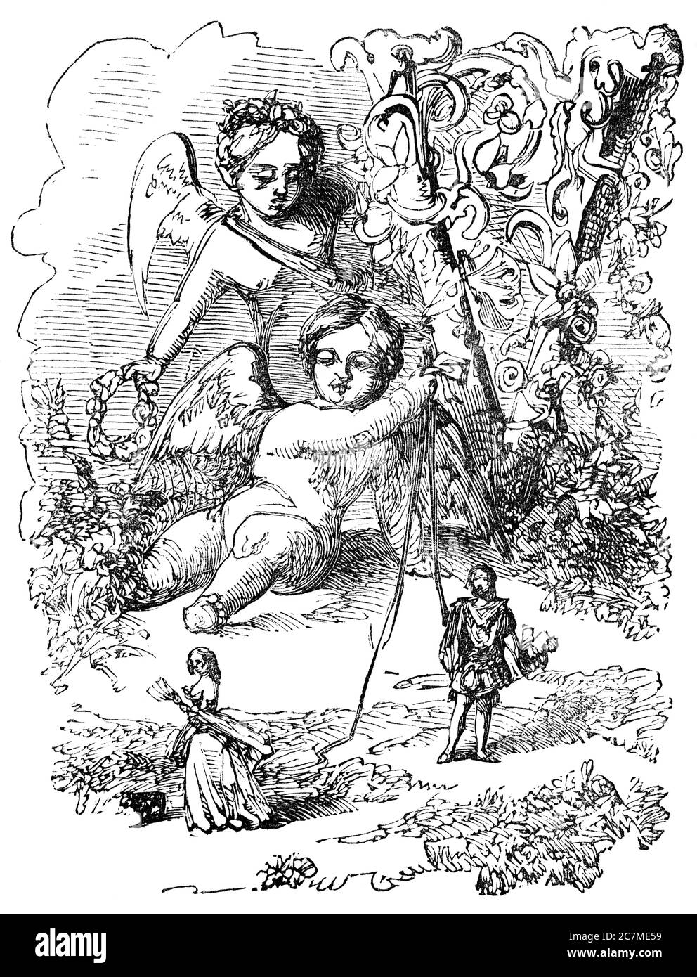 Eine gravierte Vintage-Liebesdarstellung des Cherubs Eros, der die Saiten hält, um die Liebenden am Valentinstag aus einer Victoria zu ziehen Stockfoto