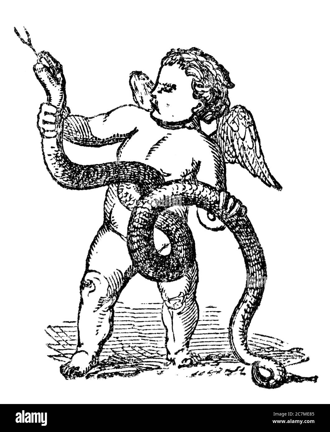 Eine gravierte Vintage-Illustration Liebesbild der Romantik des Cherub Eros mit einer Schlange aus einem viktorianischen Buch aus dem Jahr 1856, das nicht mehr urheberrechtlich geschützt ist Stockfoto
