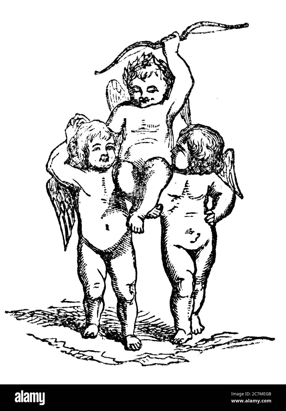Eine gravierte Vintage-Illustration Liebesromantik Bild der Eros wird hoch gehalten von Engel Cherubs aus einem viktorianischen Buch datiert 1856, das nicht mehr ist Stockfoto