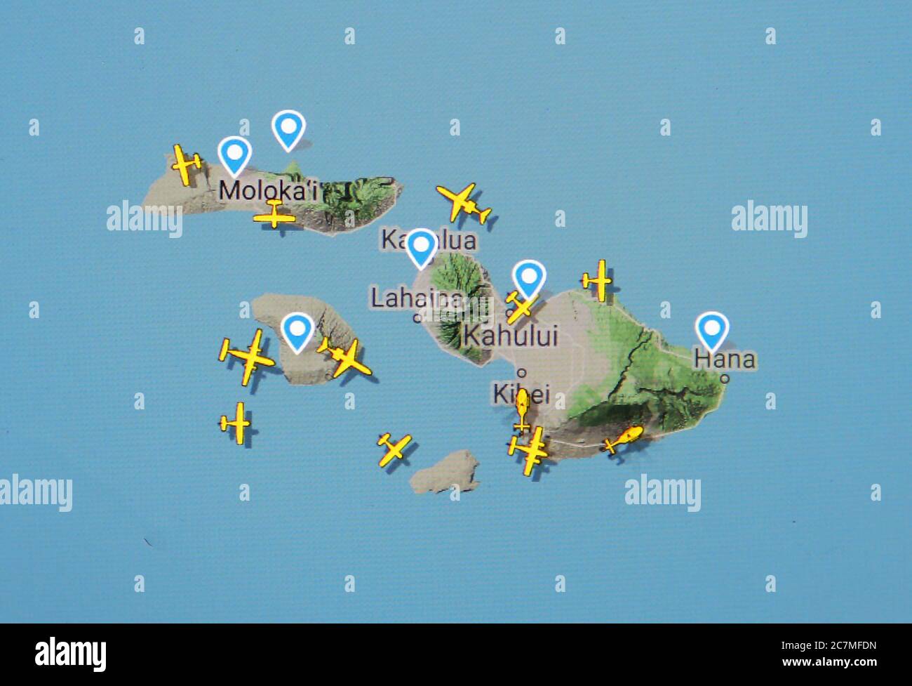 Flugverkehr auf Hawaii-Inseln (17. juli 2020, UTC 19.31) im Internet mit Flightradar 24-Standort, während der Coronavirus-Pandemie Stockfoto