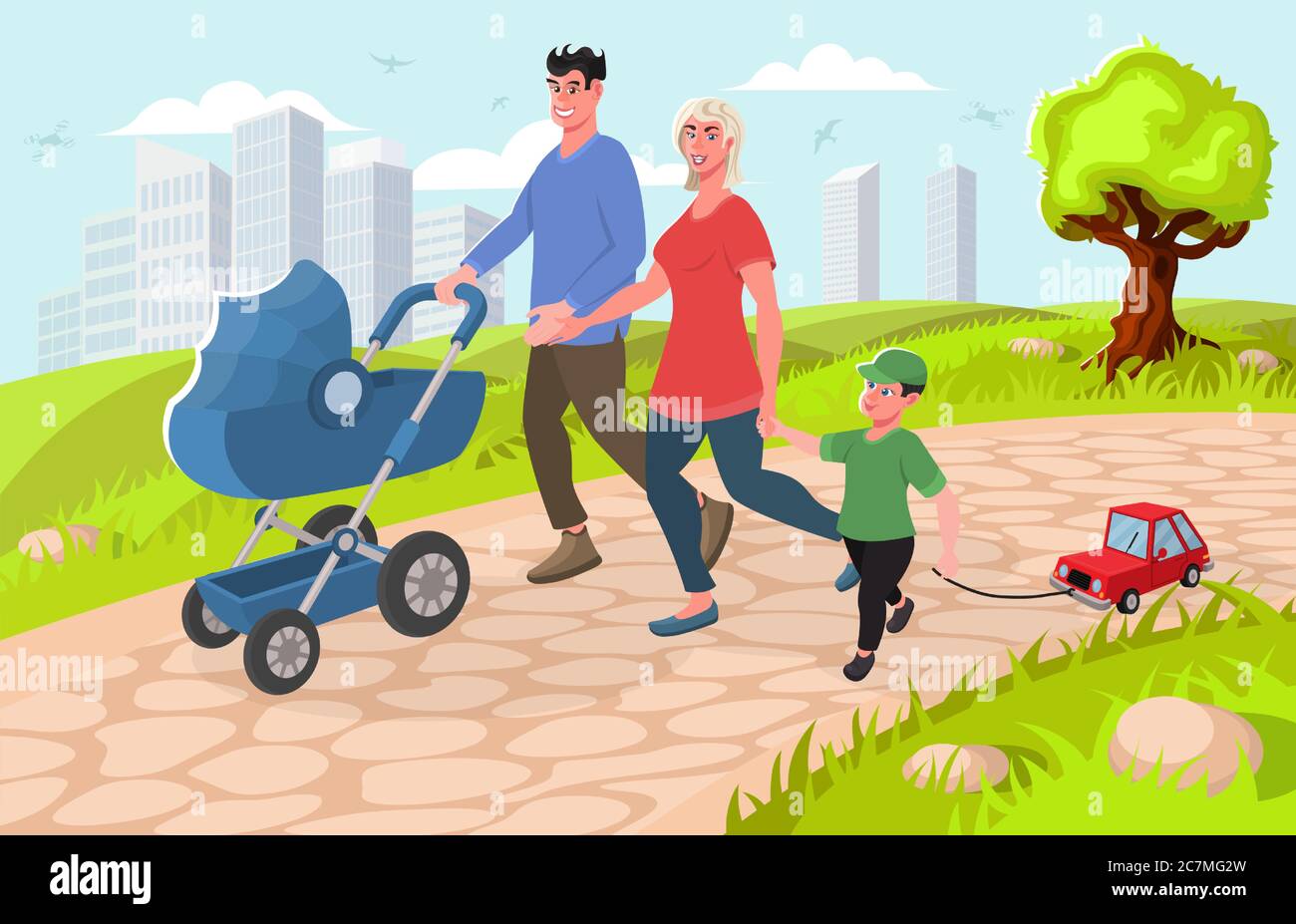 Glückliche Familie, die gemeinsam im Park spazieren geht. Cartoon