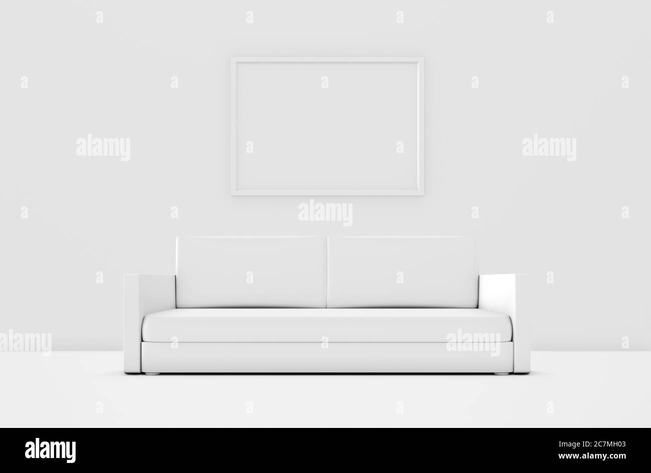 Weißes minimalistisches Wohnzimmer mit Sofa und großem Rahmen. 3D-Illustration Stockfoto