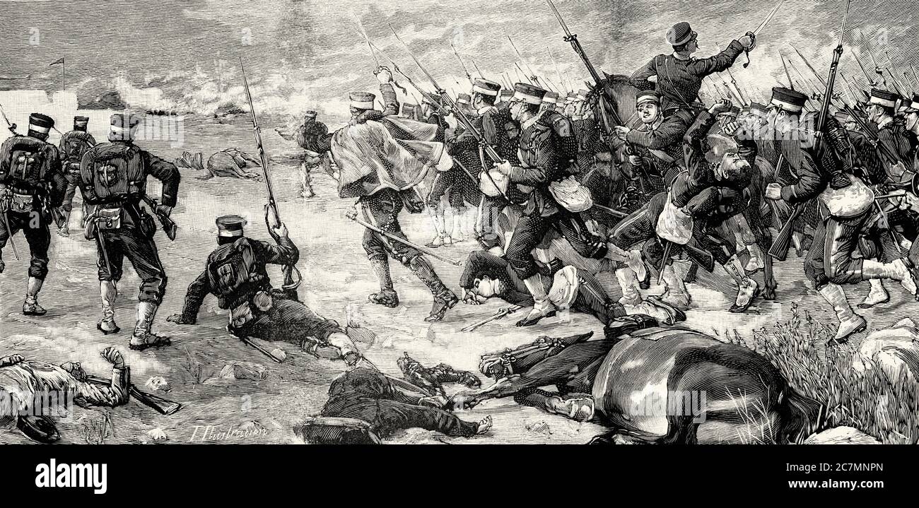 Die Schlacht von Pjöngjang, Landschlacht des ersten chinesisch-japanischen Krieges, die japanische Armee nimmt Bajonett-Positionen der chinesischen Armee. Von La Ilustracion Española y Americana 1895 Stockfoto