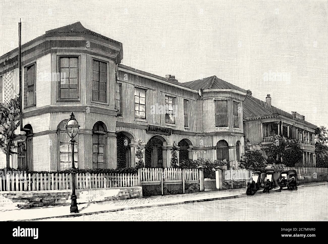 Erster Chinesisch-Japanischer Krieg. Gebäude im westlichen Stil auf dem Bund in Kobe in der ausländischen Siedlung Kobe, Präfektur Hyogo. Japan. Von La Ilustracion Española y Americana 1895 Stockfoto