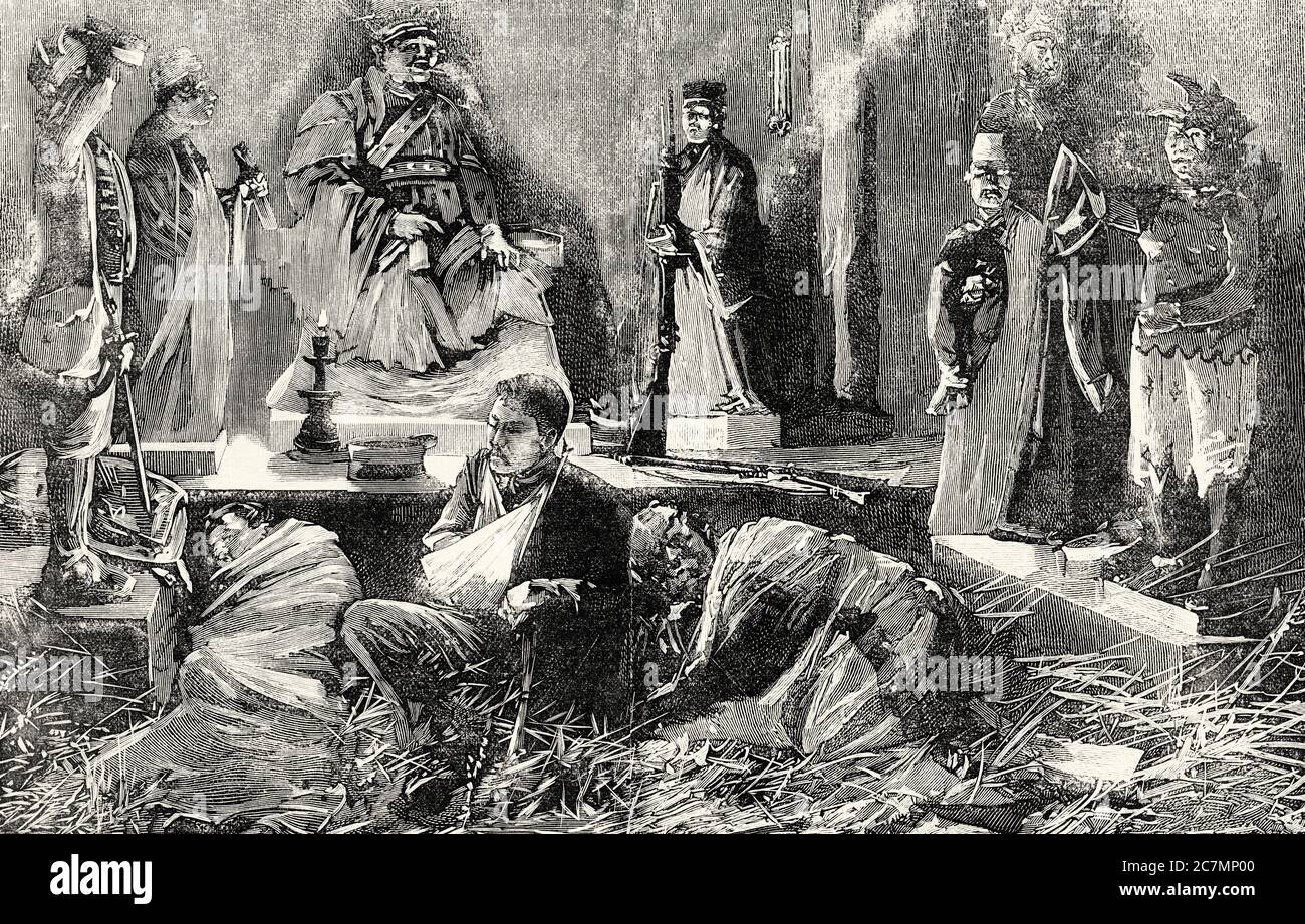 Erster Chinesisch-Japanischer Krieg. Kinchu Tempel in ein Krankenhaus für die Verwundeten der japanischen Armee, China umgewandelt. Von La Ilustracion Española y Americana 1895 Stockfoto