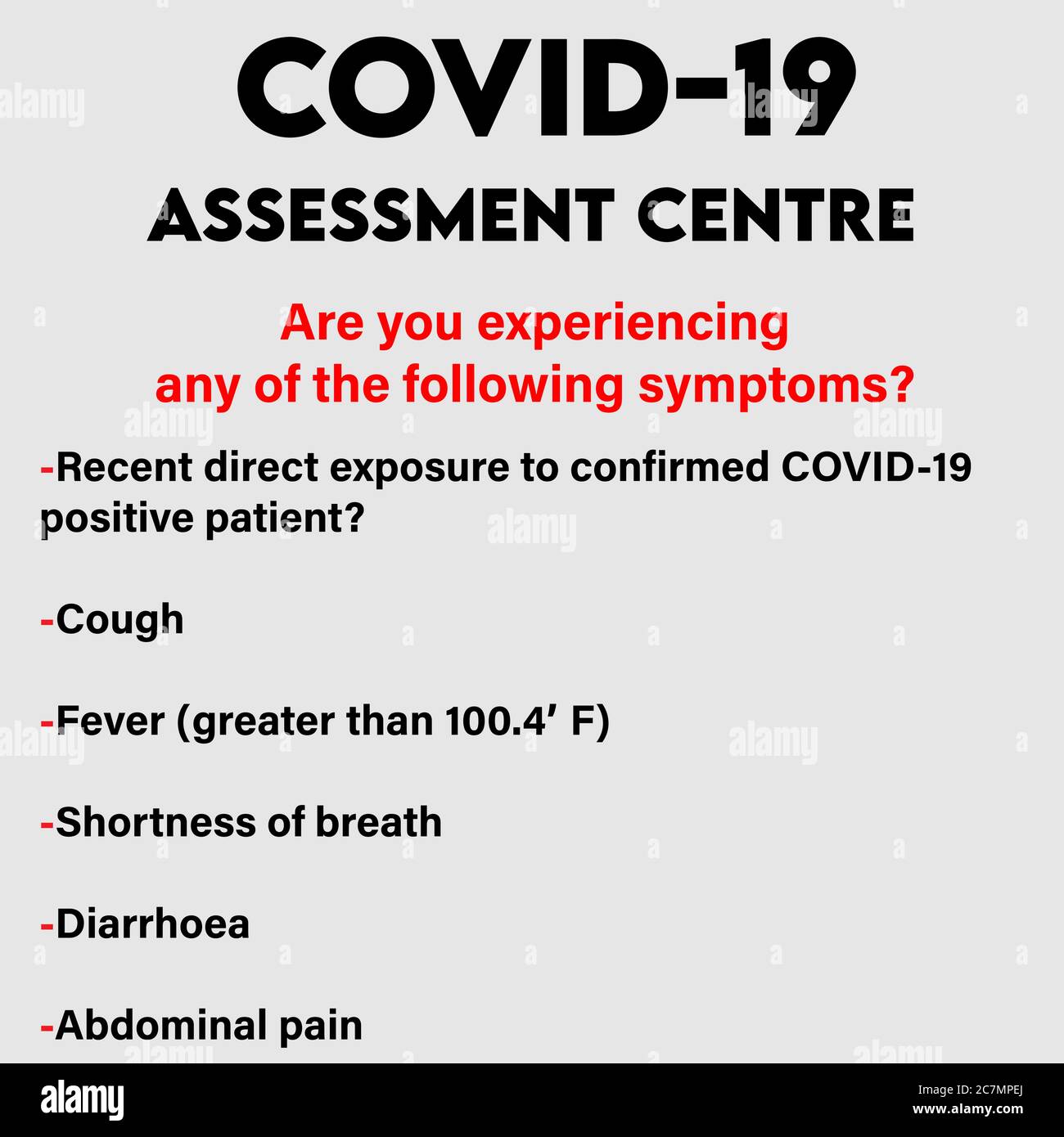 Covid19 Assessment Center Hinweis mit Liste der Symptome des Coronavirus. Stock Vektor