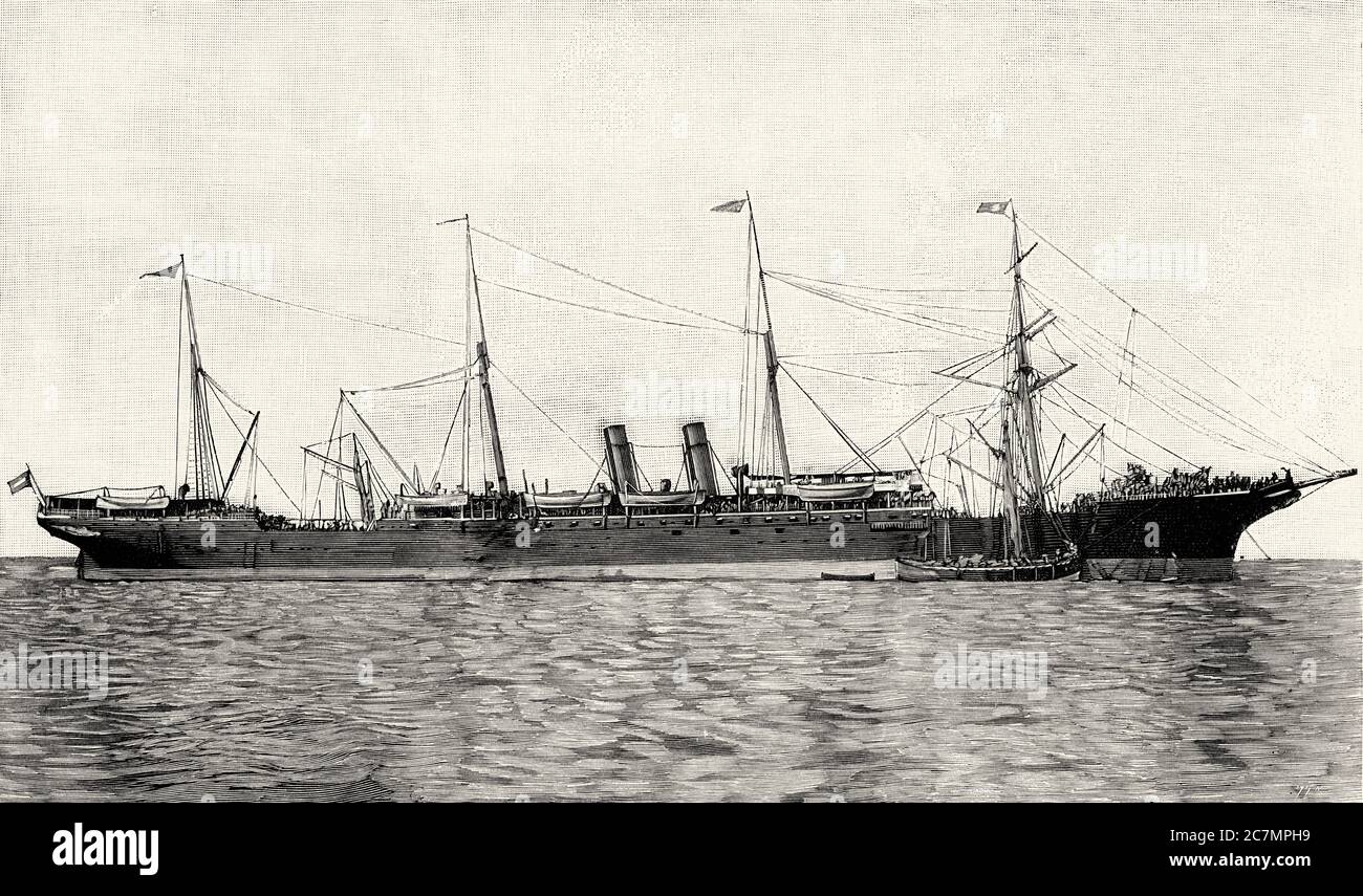 Transport von Truppen für Kuba auf dem Columbus-Schiff der Transatlantischen Gesellschaft. Von La Ilustracion Española y Americana 1895 Stockfoto