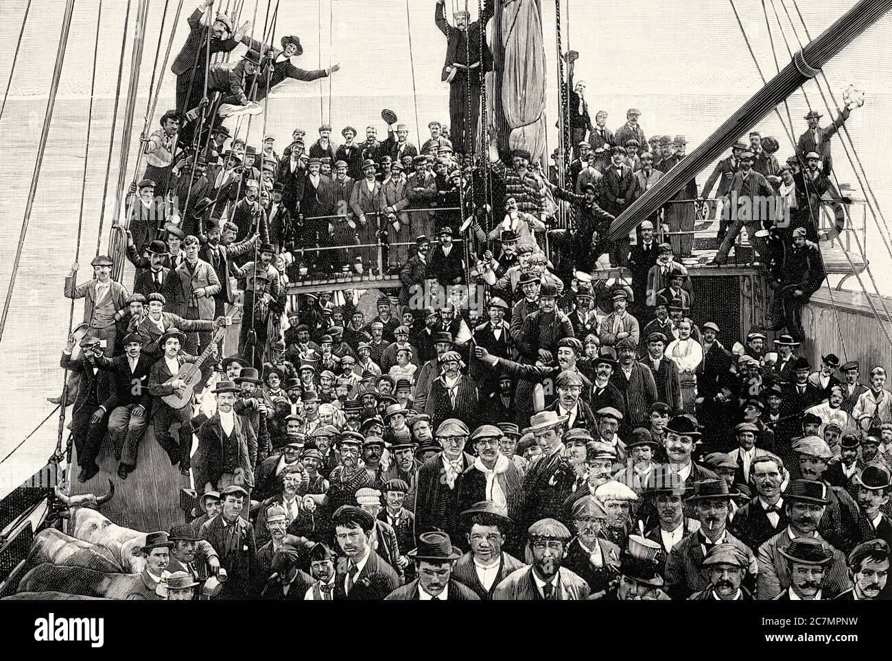 Einschiffen von spanischen Freiwilligen auf dem Dampfschiff San Francisco, um in den Krieg in Kuba 1895 zu gehen. Montevideo, Uruguay. Von La Ilustracion Española y Americana 1895 Stockfoto