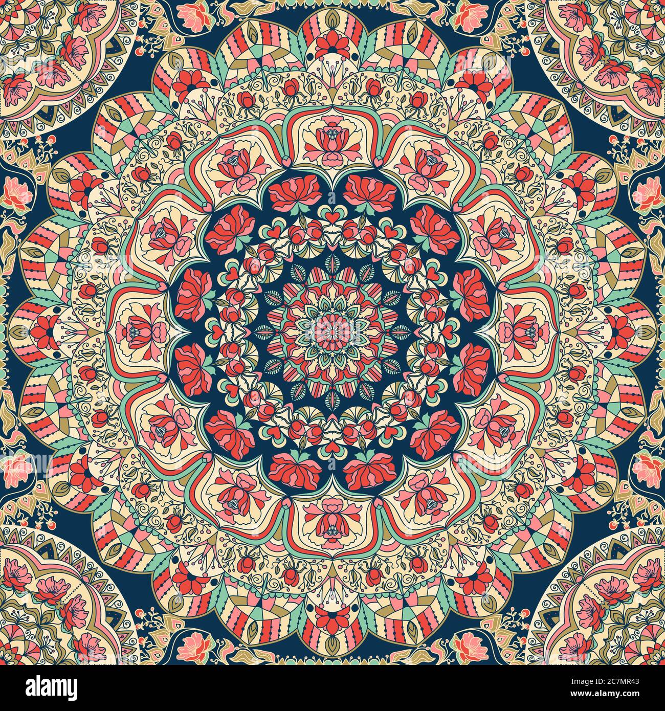 Bunte Blumen handgezeichnete Mandala. Kreis Ornament in Retro-Farben. Traditionelles orientalisches Muster, Vektorgrafik. Stock Vektor