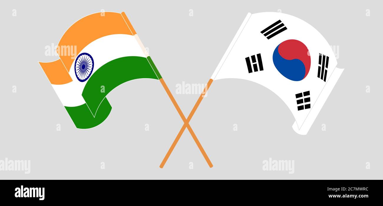 Gekreuzte und winkende Fahnen Indiens und Südkoreas. Vektorgrafik Stock Vektor