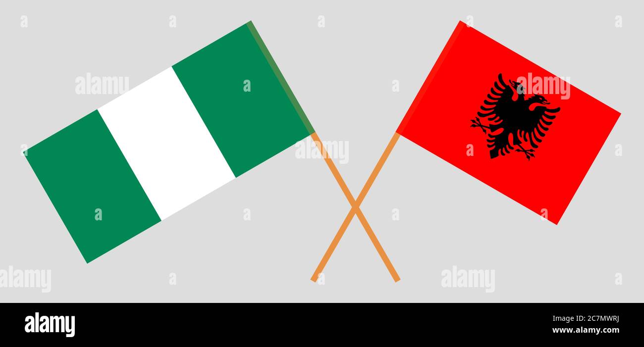 Gekreuzte Flaggen von Nigeria und Albanien. Offizielle Farben. Korrektes Verhältnis. Vektorgrafik Stock Vektor