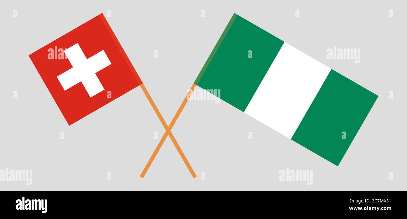 Gekreuzte Flaggen von Nigeria und der Schweiz. Offizielle Farben. Korrektes Verhältnis. Vektorgrafik Stock Vektor