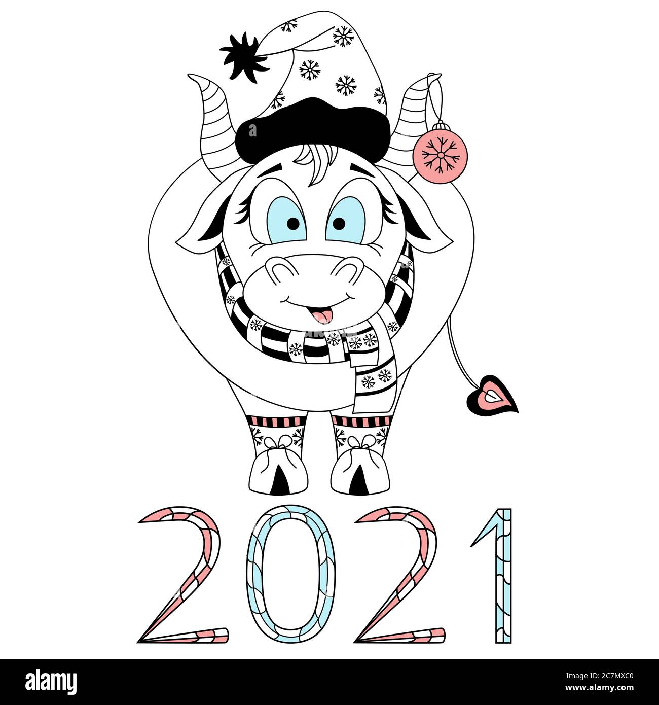 Süßer Bulle. Chinesisches Neujahr 2021 Jahr des Bullen. Tierox in Weihnachtskleidung, Schal und Hut und Weihnachtskugel-Spielzeug auf dem Ohr. Vertikales Poster Stock Vektor