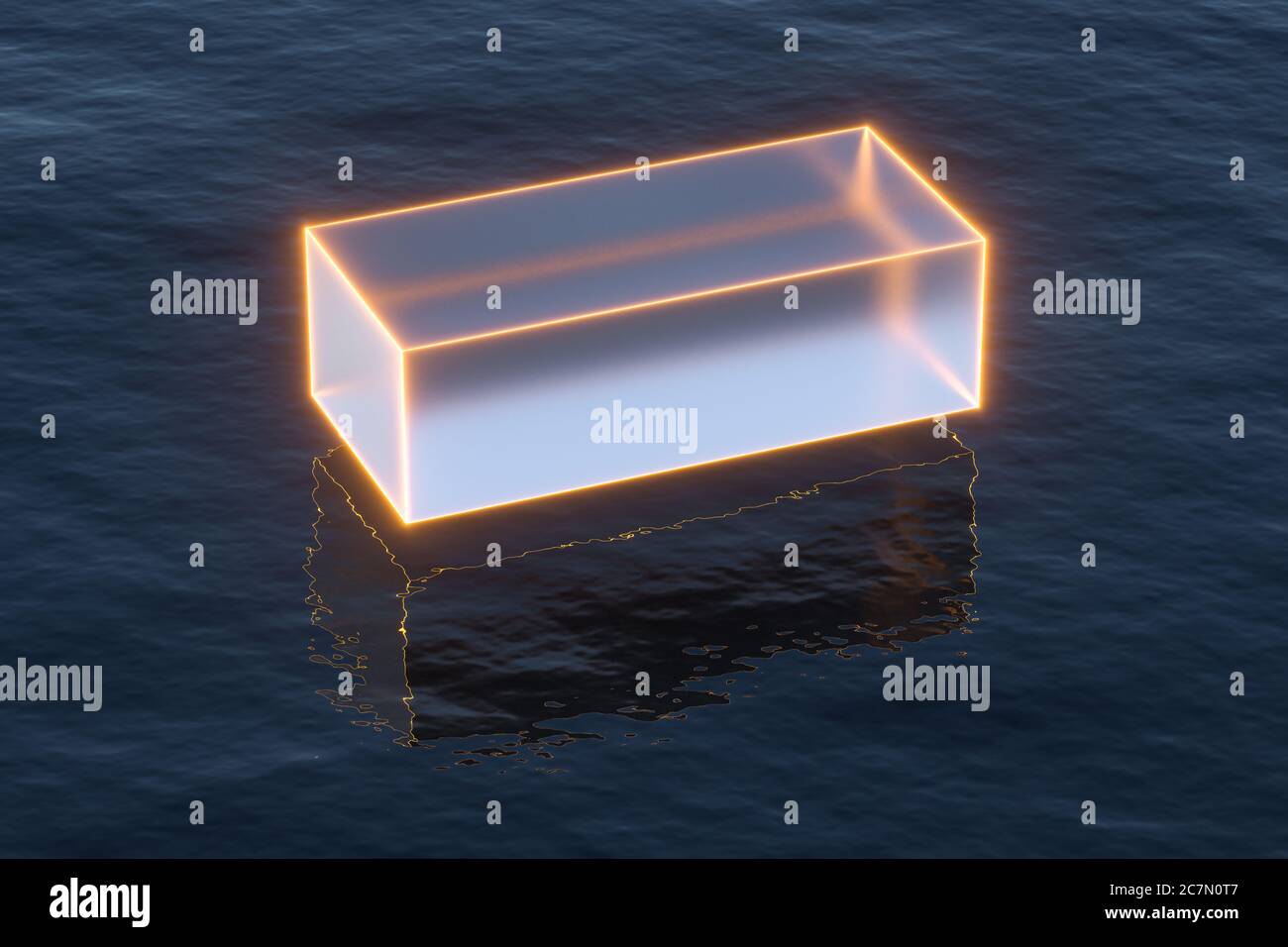 Schwebende transparente Würfel über dem Meer, 3d-Rendering. Digitale Zeichnung des Computers. Stockfoto