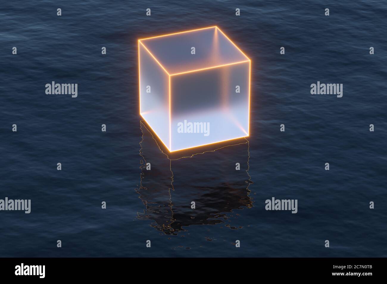 Schwebende transparente Würfel über dem Meer, 3d-Rendering. Digitale Zeichnung des Computers. Stockfoto
