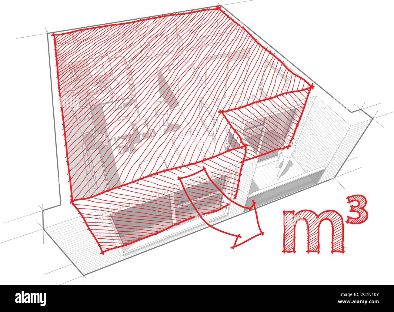 Perspektivisches weggeschnittenes Diagramm einer Wohnung mit einem Schlafzimmer komplett mit rot handgezeichneten architektonischen Raum und Kubikmeter Skizze eingerichtet Stock Vektor