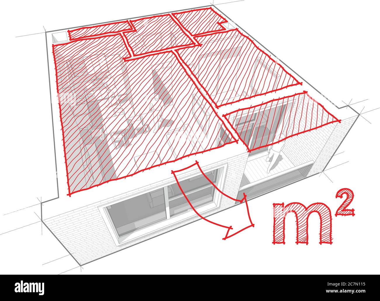 Perspektivisches Schnittdiagramm einer Wohnung mit einem Schlafzimmer komplett mit rot handgezeichneten architektonischen Grundriss eingerichtet Stock Vektor