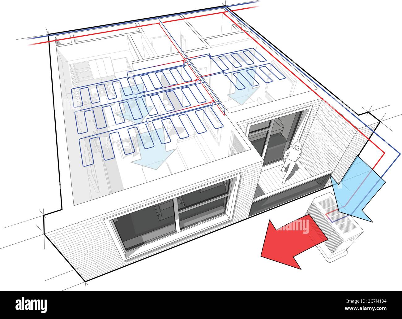 Perspektivisch abgeschnittenes Diagramm einer Wohnung mit einem Schlafzimmer komplett mit Deckenkühlung und zentraler Außeneinheit ausgestattet Stock Vektor Perspektivisch abgeschnittenes Diagramm einer Wohnung mit einem Schlafzimmer komplett mit Deckenkühlung und zentraler Außeneinheit ausgestattet Stock Vektor