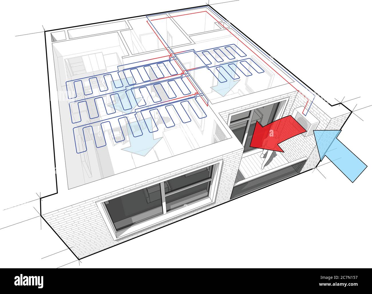 Perspektivisch abgeschnittenes Diagramm einer Wohnung mit einem Schlafzimmer komplett mit Deckenkühlung und zentraler Außeneinheit ausgestattet Stock Vektor Perspektivisch abgeschnittenes Diagramm einer Wohnung mit einem Schlafzimmer komplett mit Deckenkühlung und zentraler Außeneinheit ausgestattet Stock Vektor