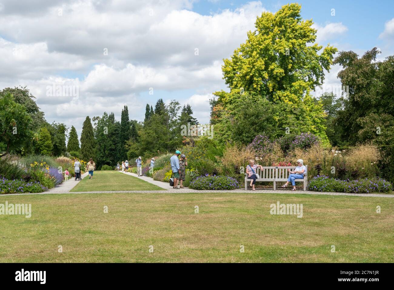 Besucher, die die hundertjährige Grenze in den Sir Harold Hiller Gardens, Hampshire, Großbritannien, im Juli oder Sommer mit bunten Blumen genießen Stockfoto