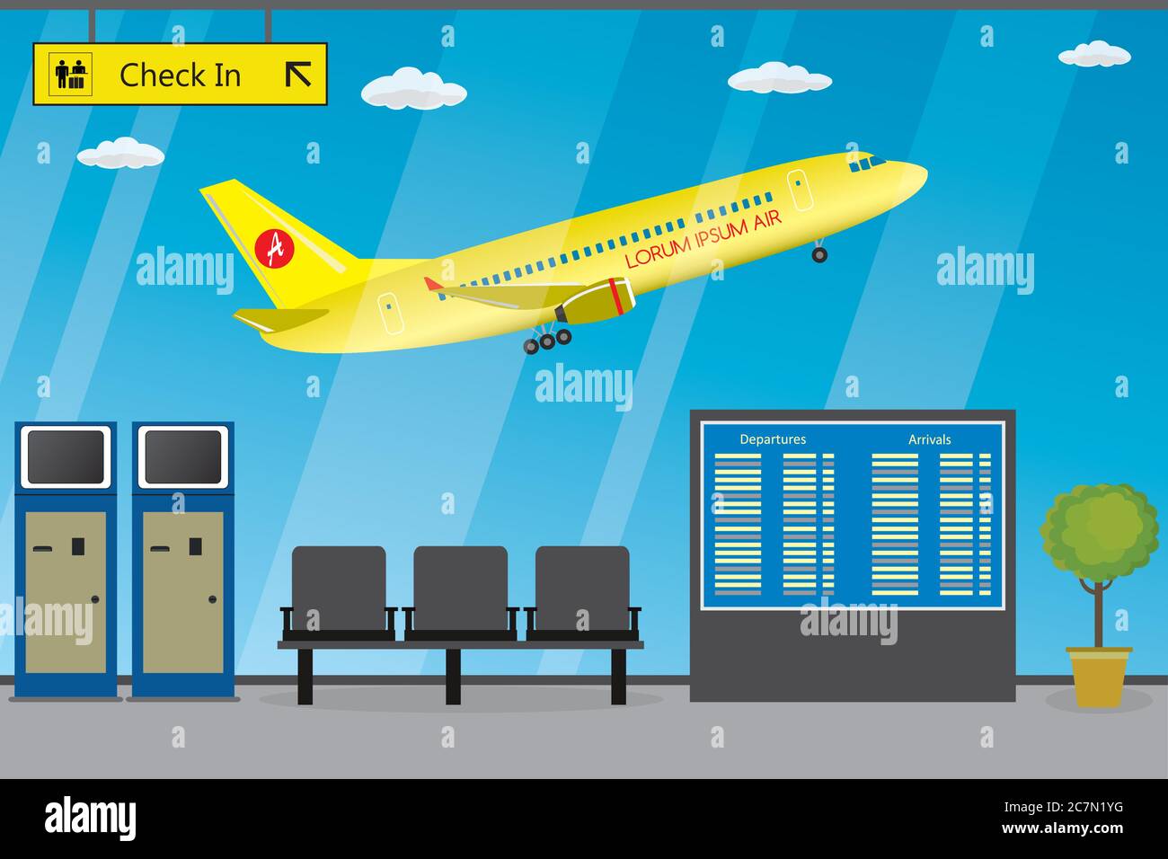 Leere Flughafeneinrichtung mit Möbeln, auf dem Hintergrund eines Flugzeuges, das am Flughafen abfliegt, Reise- und Tourismuskonzept, flache Vektordarstellung Stock Vektor