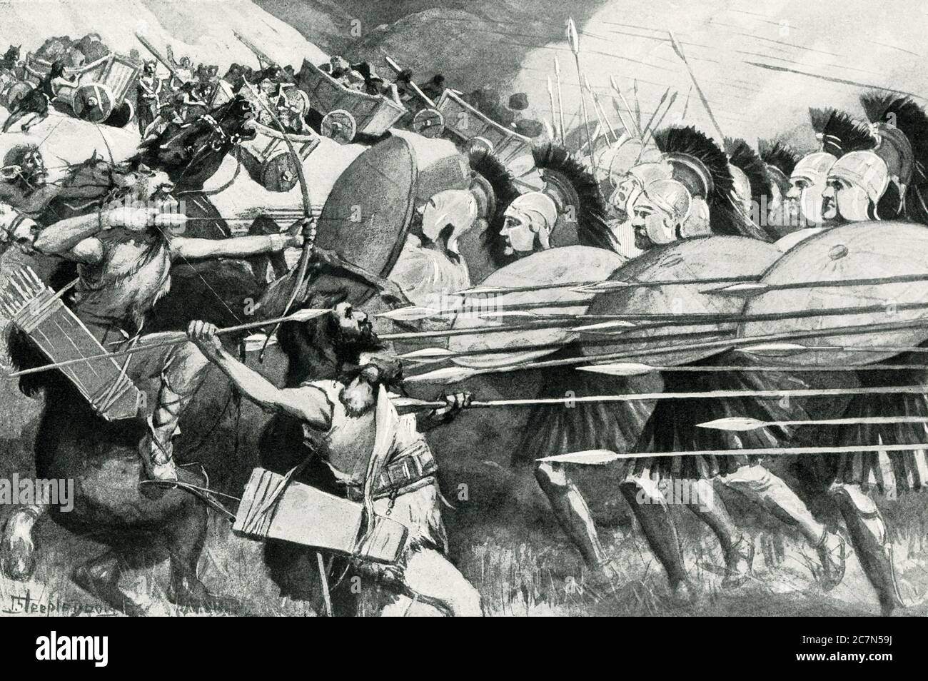Die mazedonische Phalanx - Schlacht der Karten (335 v. Chr.). Der erste der berühmten Siege des jungen Alexander war gegen die wilden Bergstämme Thrakiens. Von den Gipfeln ihrer felsigen Pässe rollten sie Karren voll von schweren Steinen herunter, in der Hoffnung, die kletternden Mazedonier zu zerquetschen und die Ränge der gefürchteten Phalanx zu brechen. Alexander traf den Angriff, indem er seinen Soldaten ansagte, in einer kompakten Masse unter ihren Schilden zu hocken, so dass die einfallenden Wagen ziemlich über sie ohne Verletzung sprangen. Dann traf sich die ungebrochene Phalanx und besiegte die leichteren bewaffneten Barbaren. Stockfoto