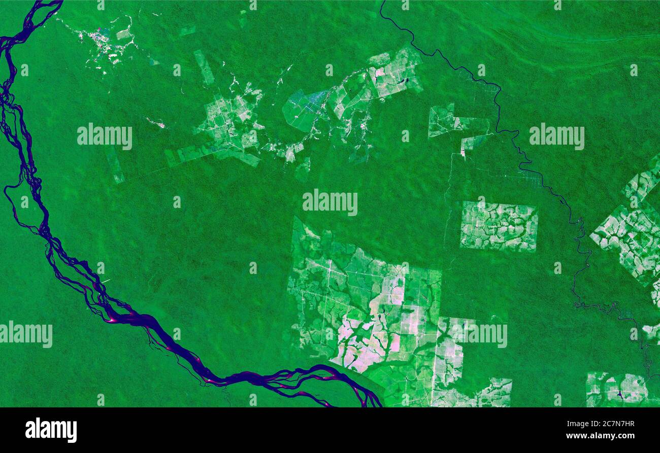 Satellitenbilder des Lakandon-Dschungels Brasiliens im Jahr 2020 werden Feldfrüchte, Flüsse und Dschungel beobachtet. Generierte und modifizierte Bilder des Sentinel-Sensors. Stockfoto