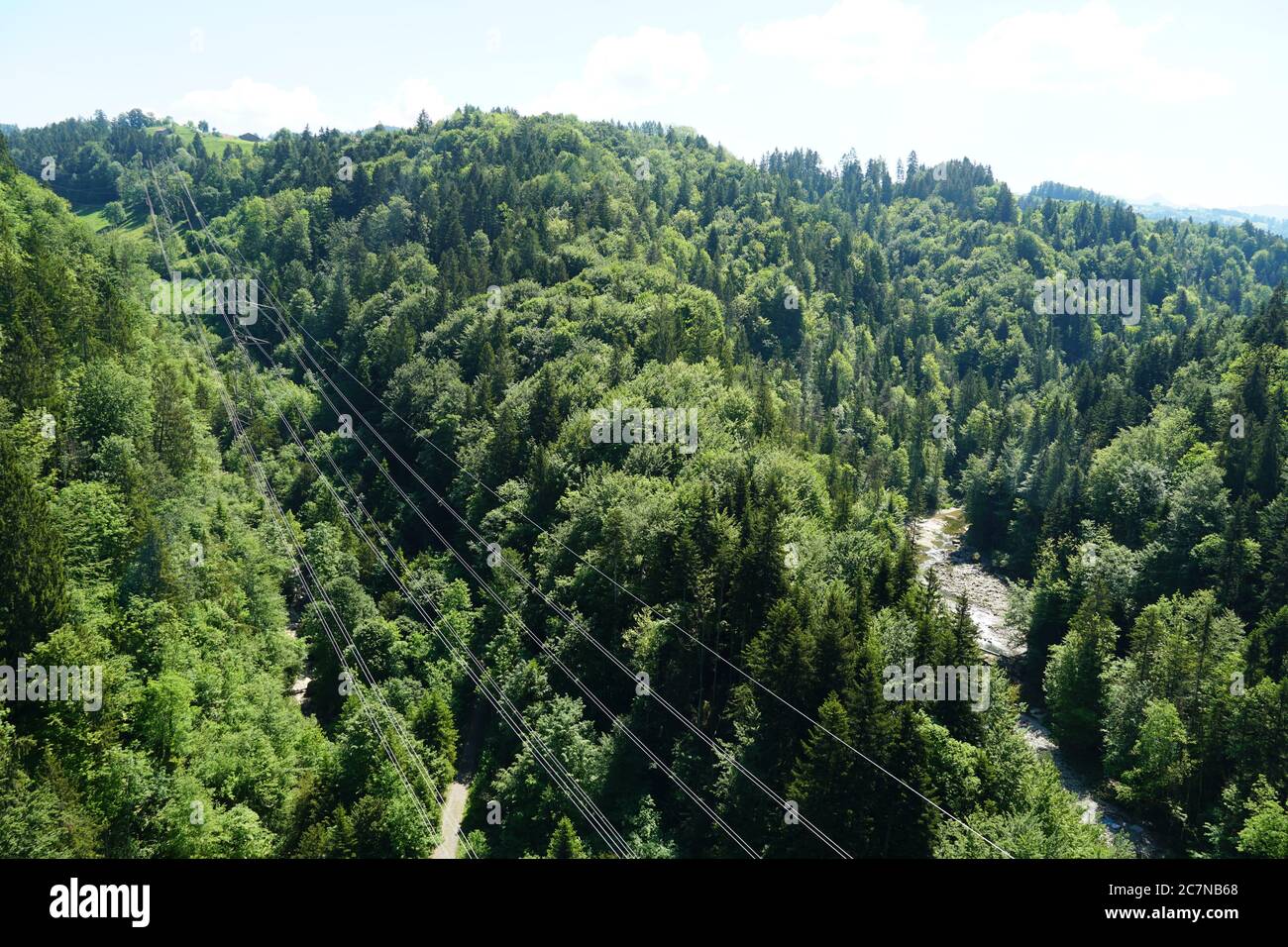 Zwei kleine Hügel, die von Mischwäldern bedeckt sind. Zwischen ihnen befinden sich Drähte oder Kabel für den Transport von Elektrizität. Es gibt auch einen kleinen Fluss. Stockfoto