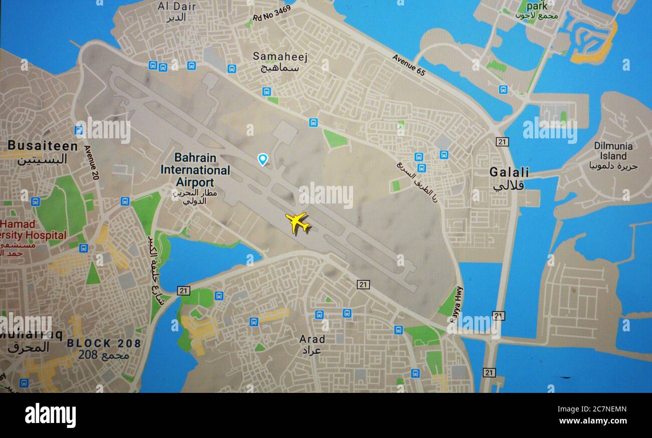 Flugverkehr auf dem Flughafen Barhein (18. juli 2020, UTC 11.33) im Internet mit Flightradar 24-Standort, während der Coronavirus-Pandemie Stockfoto