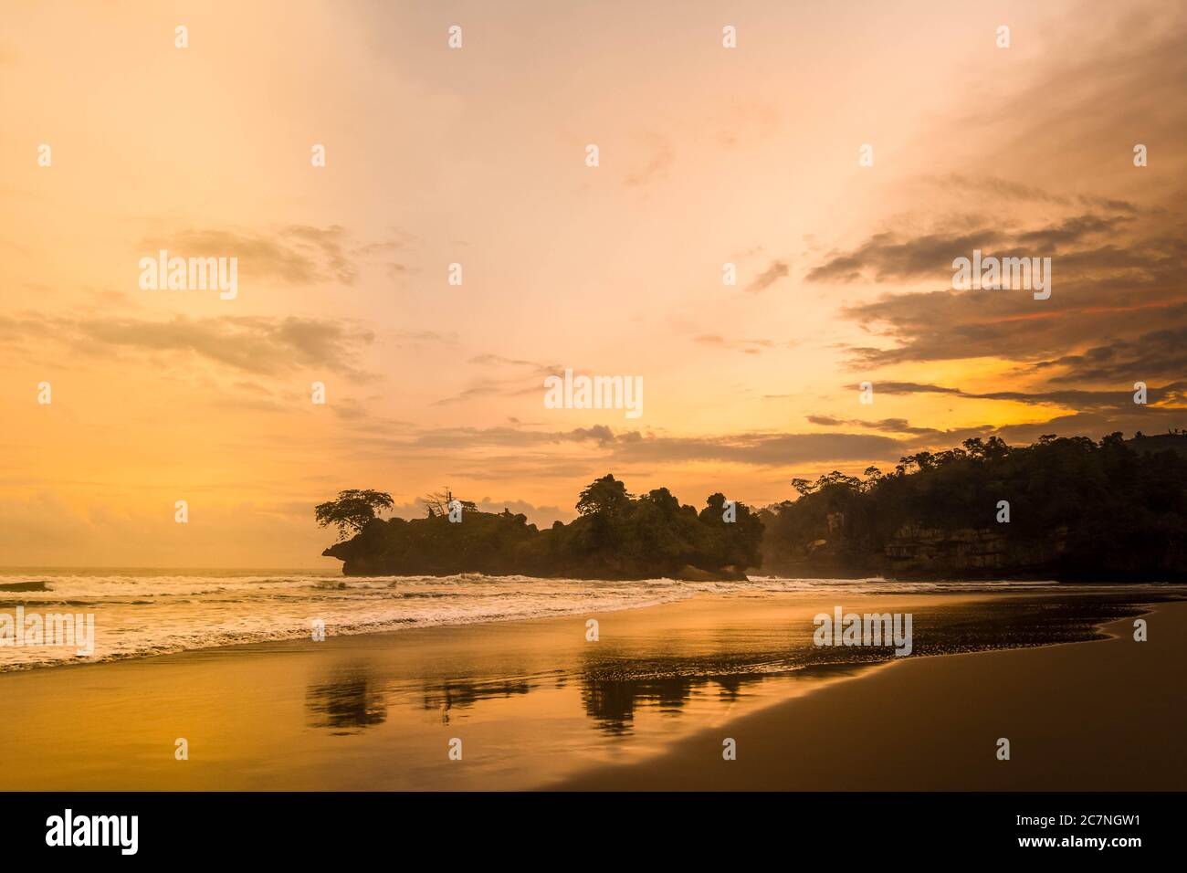 Die Schönheit des Pelang Strandes mit seinen einzigartigen Korallensteinen und Kokospalmen entlang der Küste in Trengalek, Ost-Java, Indonesien Stockfoto