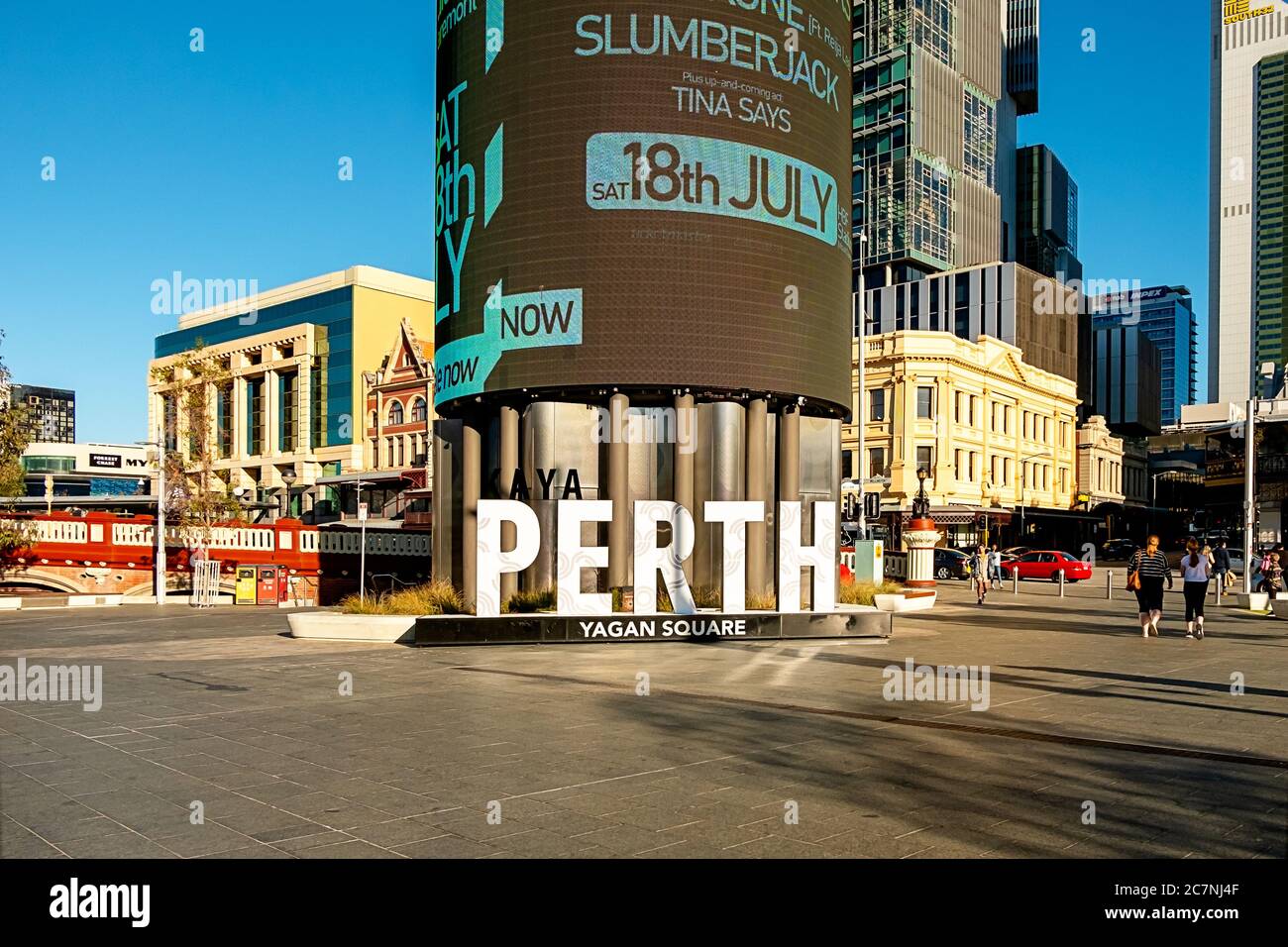 Perth Schild im Yagan Square Unterhaltungsviertel Stockfoto