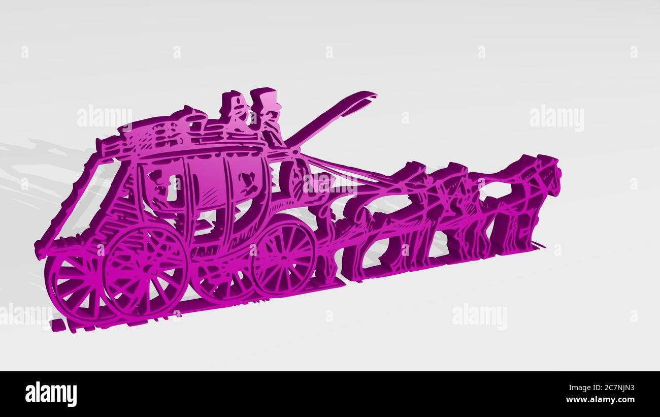 Kutsche von Pferd durch 3D-Illustration einer glänzenden Metallic-Skulptur mit dem Schatten auf hellem Hintergrund. Zug und Editorial Stockfoto