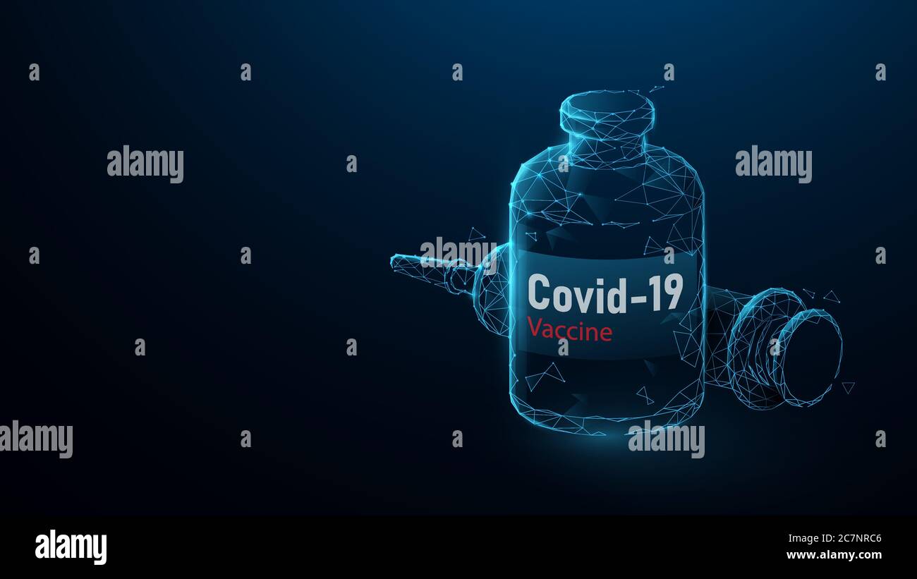 Impfstoff und Spritzeninjektion. COVID-19-Impfstoff. Poly- und Drahtmodell-Design. Vektorgrafik Stock Vektor