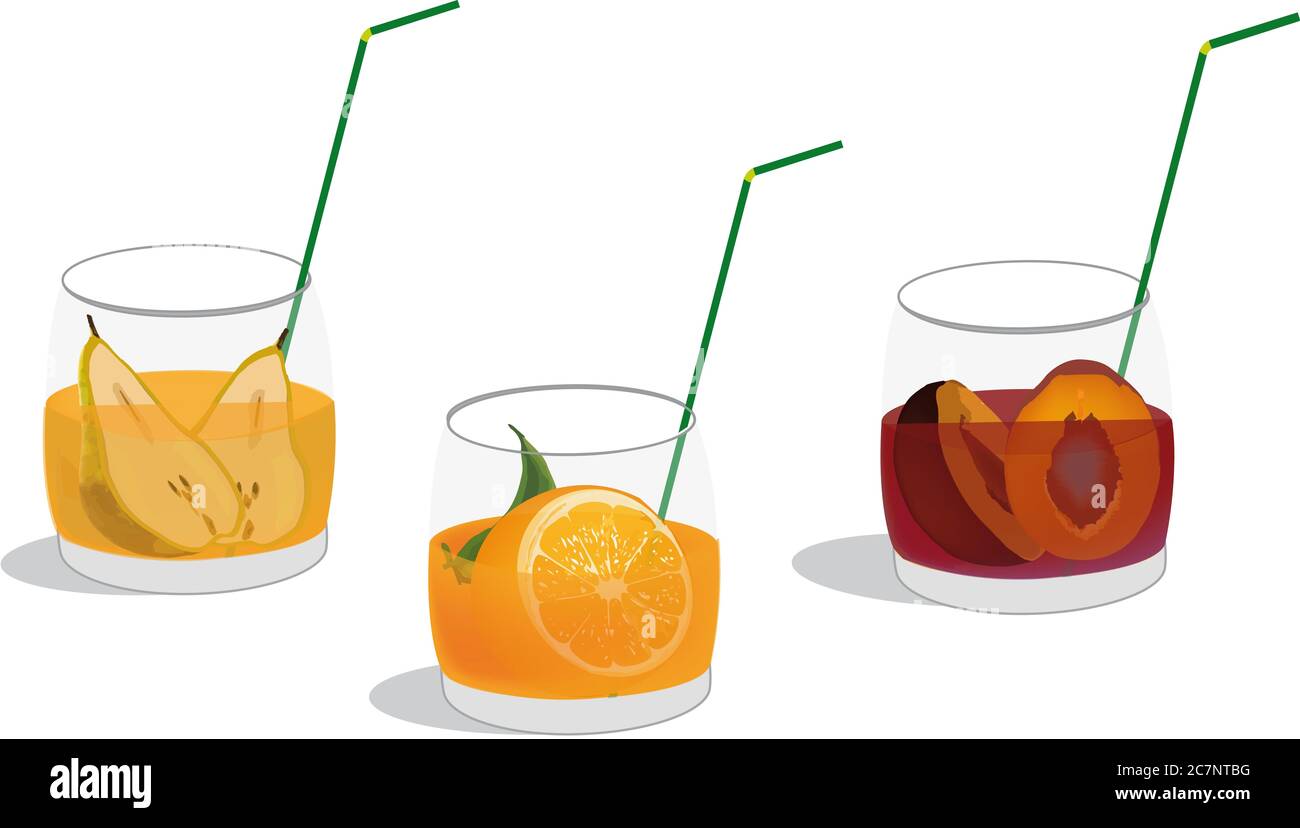 Illustration der Gläser von Birne, Orange und Pfirsichsaft mit den Cocktail-Trinkhalmen Stockfoto