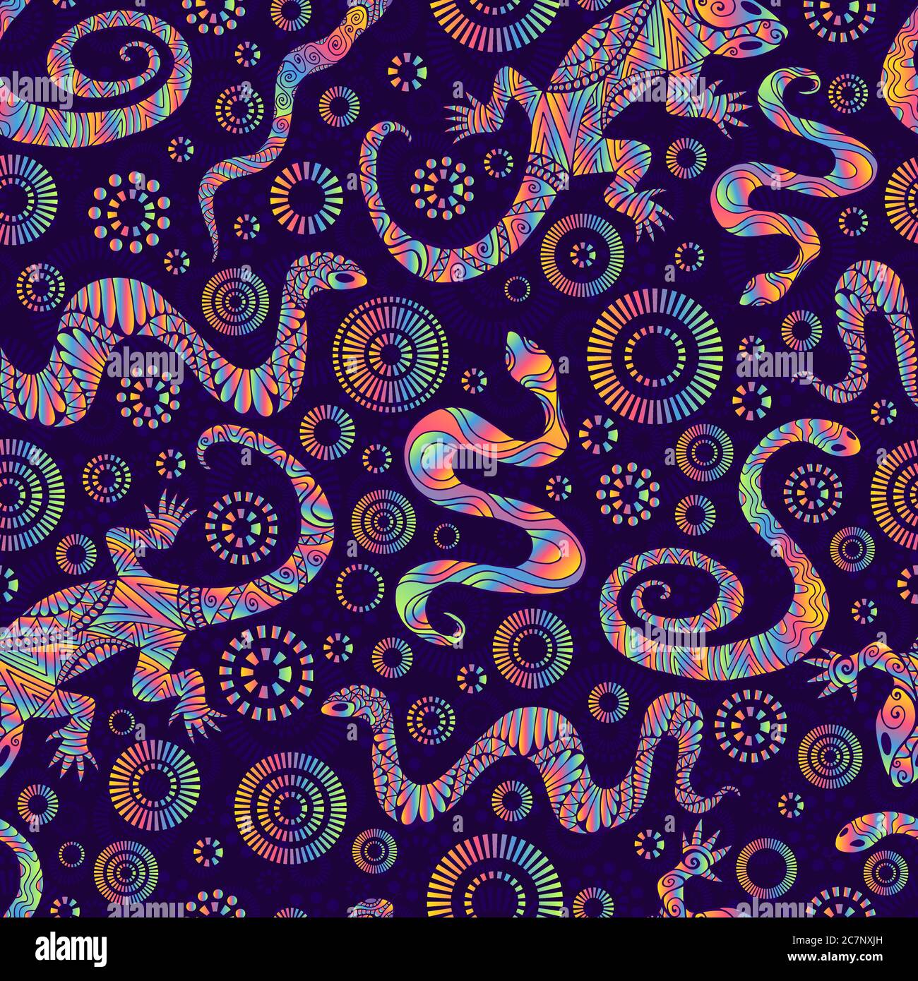 Helle Eidechsen und Schlangen nahtloses Muster, isoliert auf dunkelviolettem Hintergrund. Stock Vektor