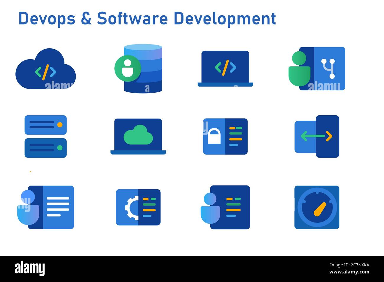 devops Software Entwicklung Icon Set Codierung Programmierung Cloud Computing Server Repository Stock Vektor