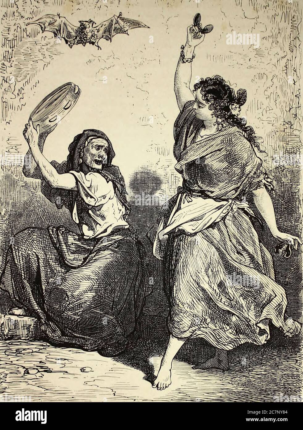 Gitana de Grenade Dansant le Zorongo [Gypsy Dances the Zorongo (Flamenco)] Seitenillustration aus dem Buch 'L'Espagne' [Spanien] von Davillier, Jean Charles, barón, 1823-1883; Doré, Gustave, 1832-1883; Veröffentlicht in Paris, Frankreich von Libreria Hachette, 1874 Stockfoto