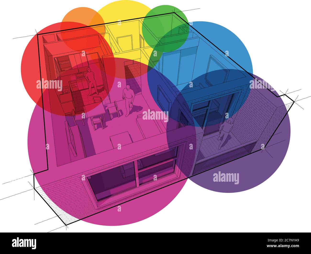 Perspektivisch weggeschnittenes Diagramm einer Wohnung mit einem Schlafzimmer komplett mit kreisförmigen bunten Zone Blasen eingerichtet Stock Vektor