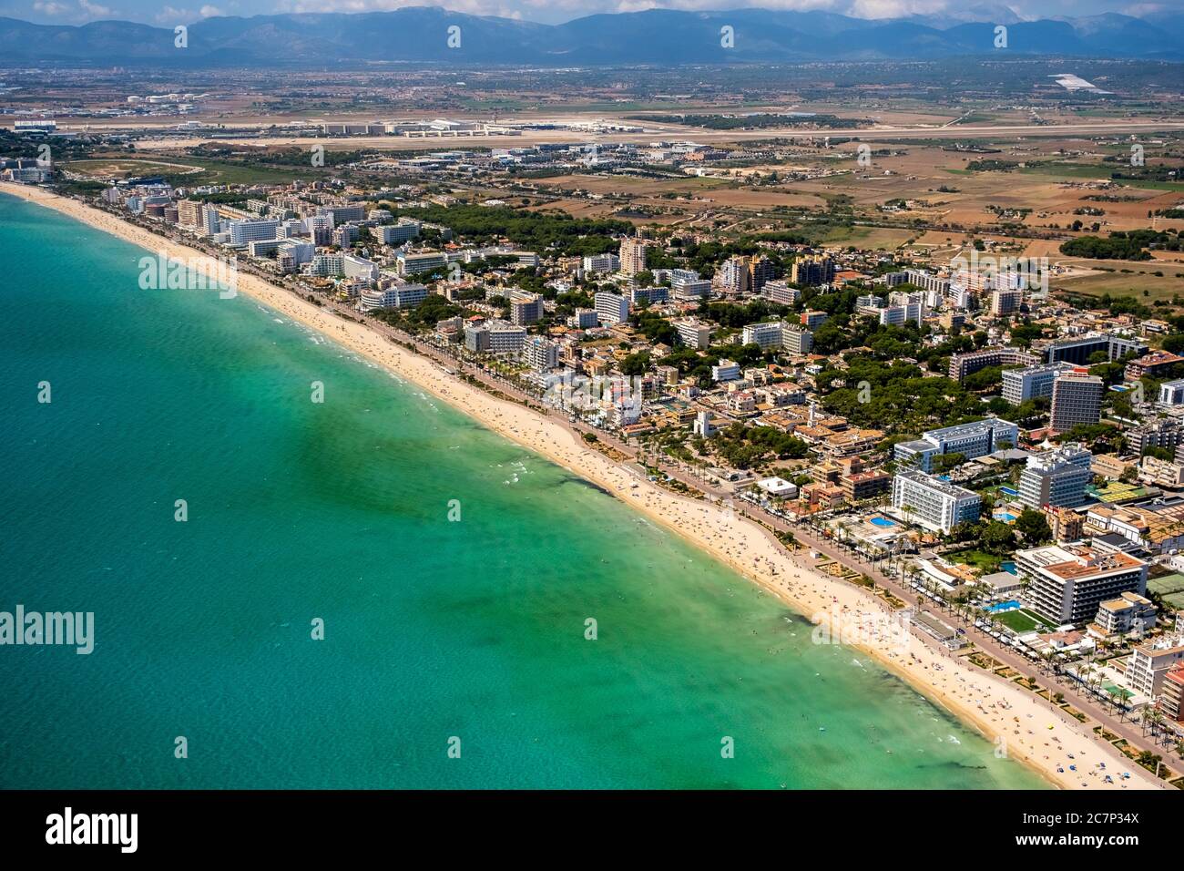 Luftbild, Arenal Strand mit Balneario 5, Balneario 6, Balneario 5, S'arenal, Arenal, Ballermann, Europa, Balearen, Spanien, Palma, es, Trave Stockfoto