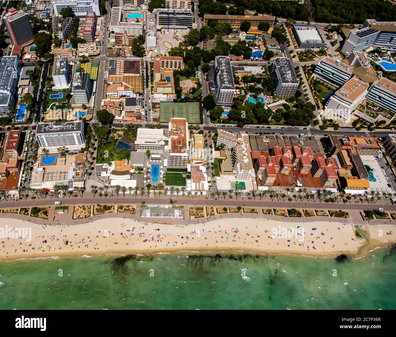 Luftbild, geschlossener großer Disco-Mega-Park, Oberbayern, Strand von Arenal mit Balneario 5, Balneario 6, Balneario 5, S'arenal, Arenal, Ballermann, Europa, Stockfoto