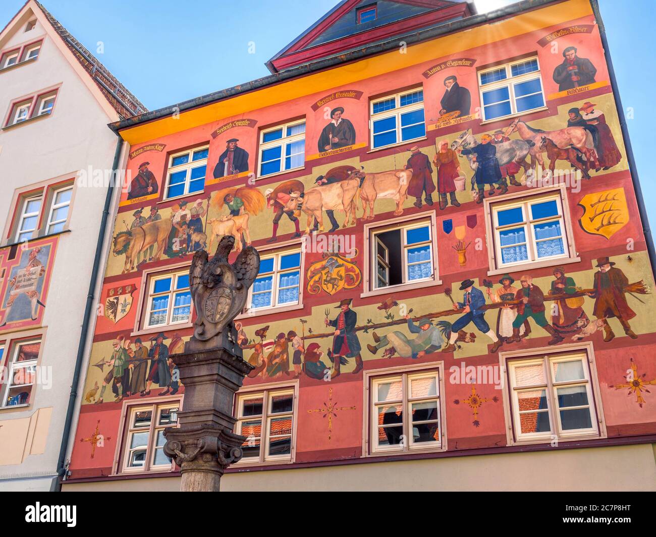 Fresko, bemalte Hausfassade in Herrengasse, historische Altstadt, Wangen im Allgäu, Baden-Württemberg, Deutschland, Europa Stockfoto