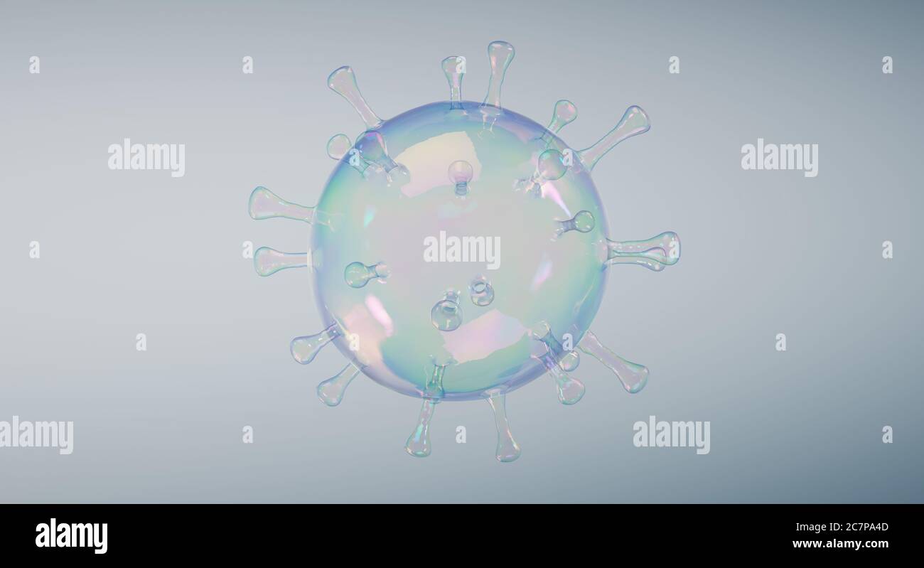 Coronavirus COVID-19 Grippebakterien aus Seifenblase. Mikroskopische Ansicht einer Mikrobenzelle. Einige Leute behaupten, dass Virus eine Fälschung ist und Quarantäne ist gehen Stockfoto
