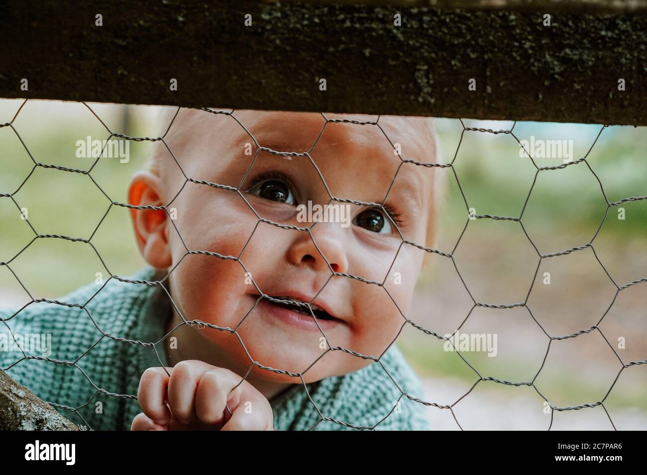 Kleiner Junge, der durch einen Zaun guckt Stockfoto