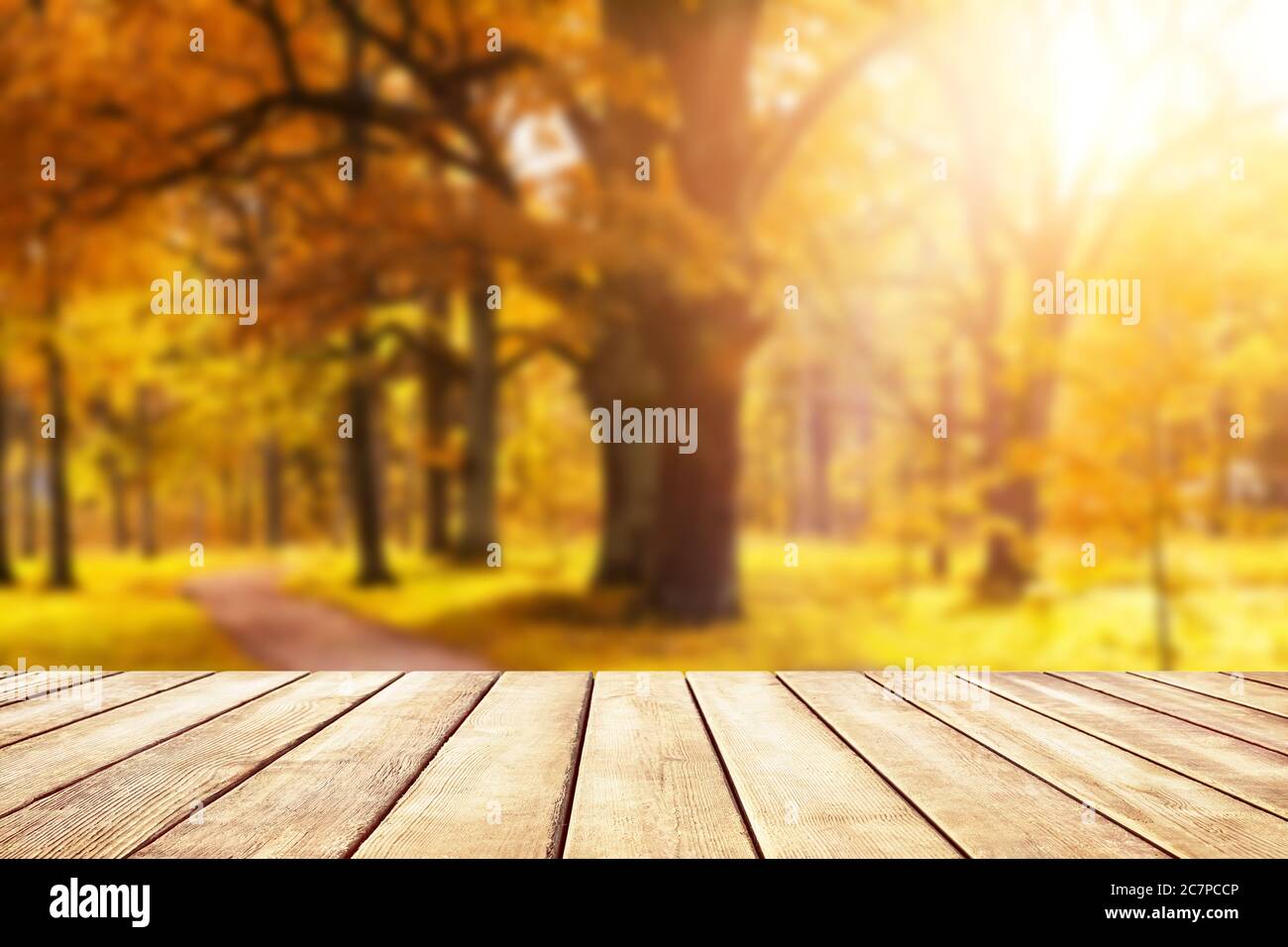 Alte hölzerne Schreibtischplatte mit goldenen Blättern, herbstlicher Hintergrund Stockfoto