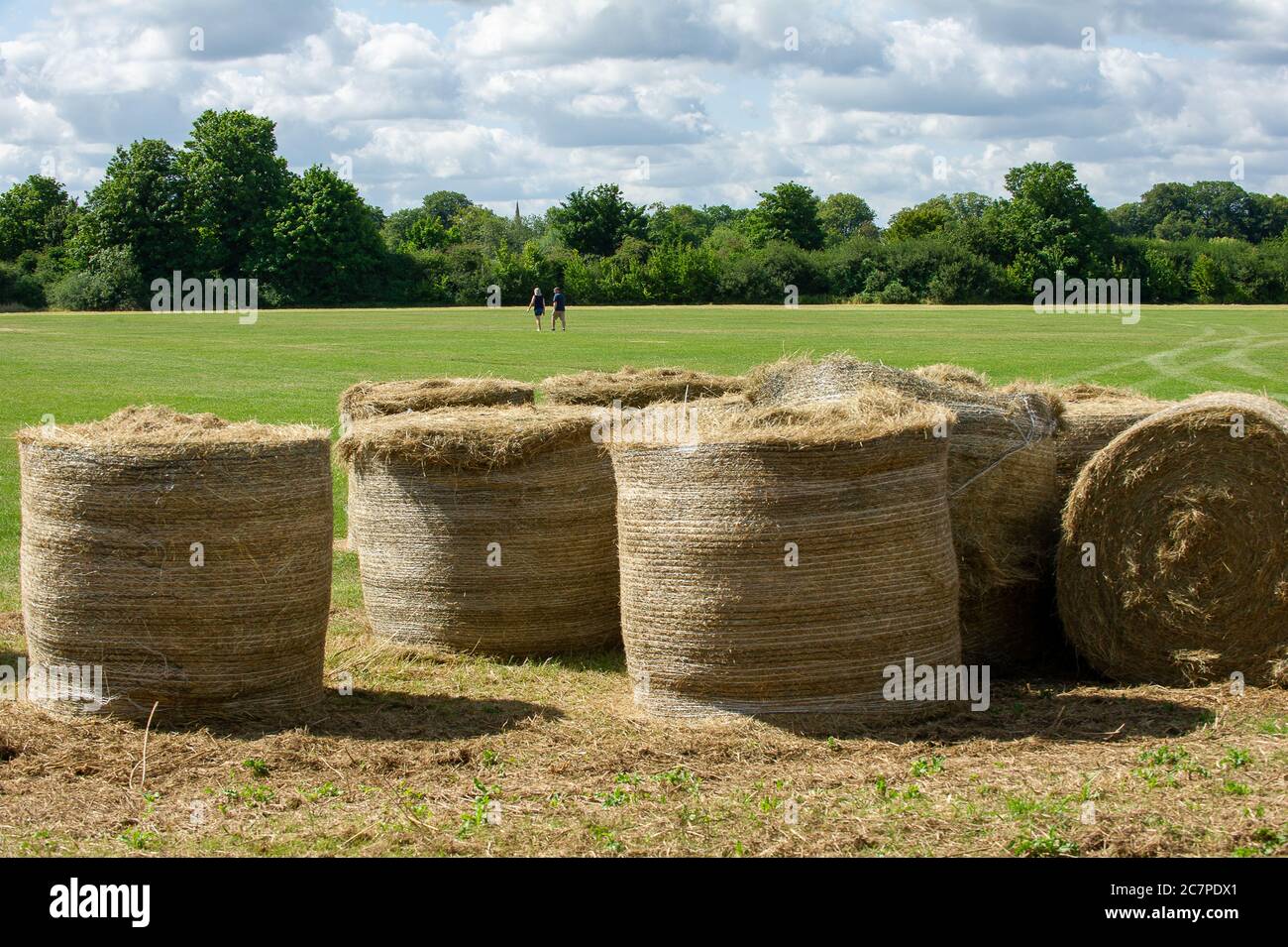 Eton, Windsor, Berkshire, Großbritannien. Juli 2020. Ein warmer sonniger Tag in Eton. Heuballen in den Wiesen und Spielfeldern des Eton College. Quelle: Maureen McLean/Alamy Stockfoto