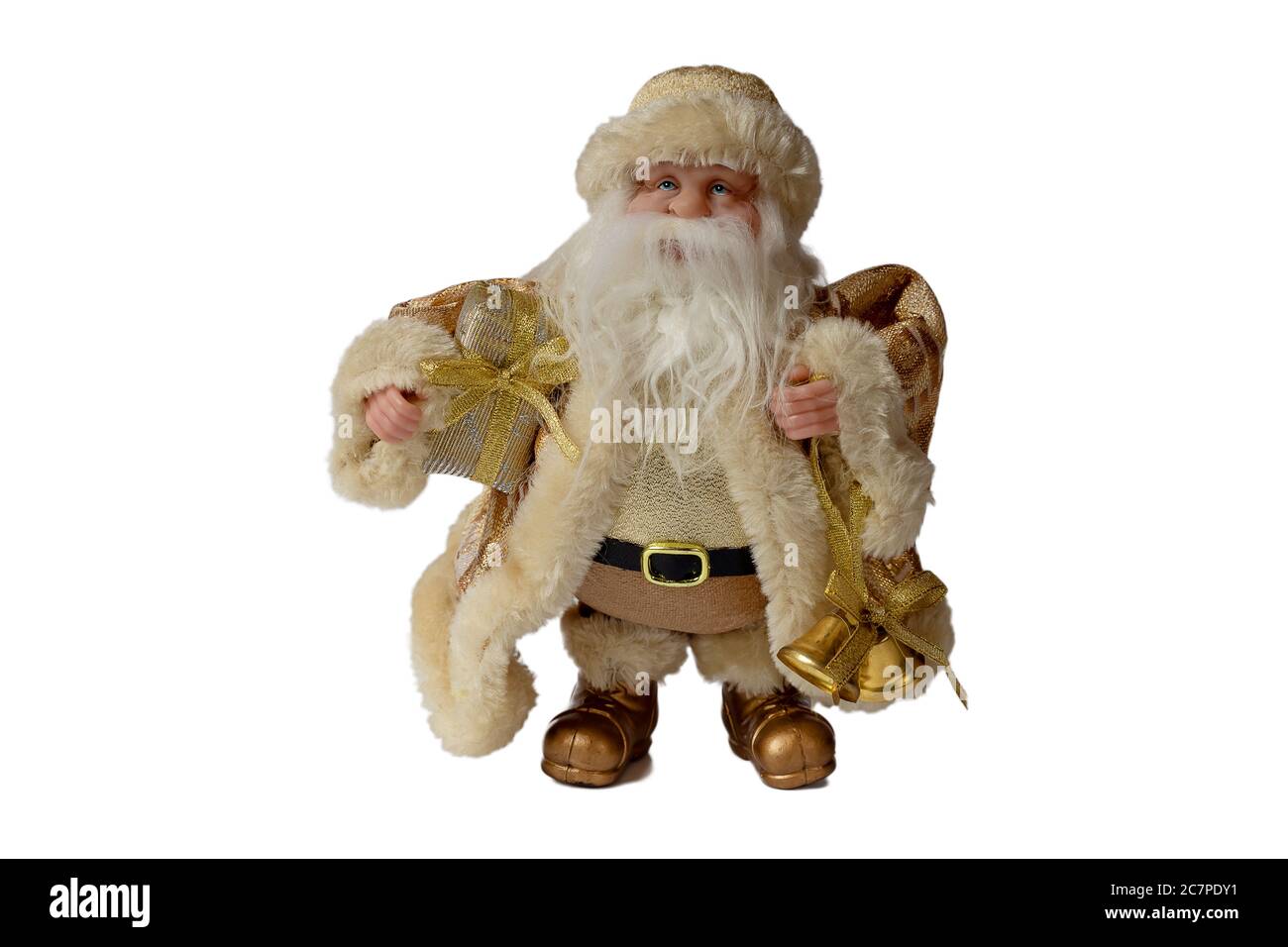 Figur des Weihnachtsmanns in goldenen Kleidern hält eine Glocke und eine Tasche mit Geschenken, auf weißem Hintergrund isolieren Stockfoto