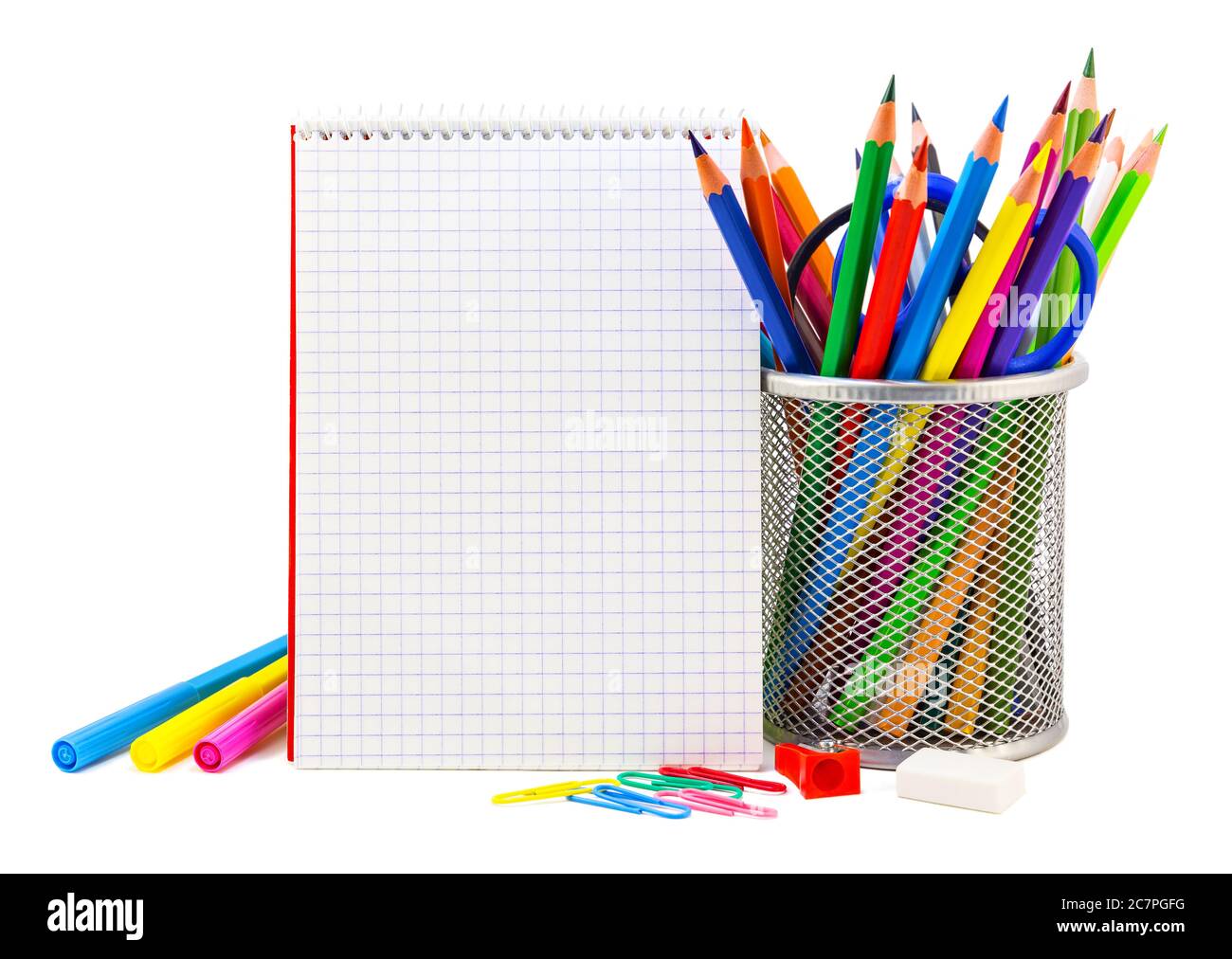 Schulpapier auf weißem, schulischem Hintergrund Stockfoto