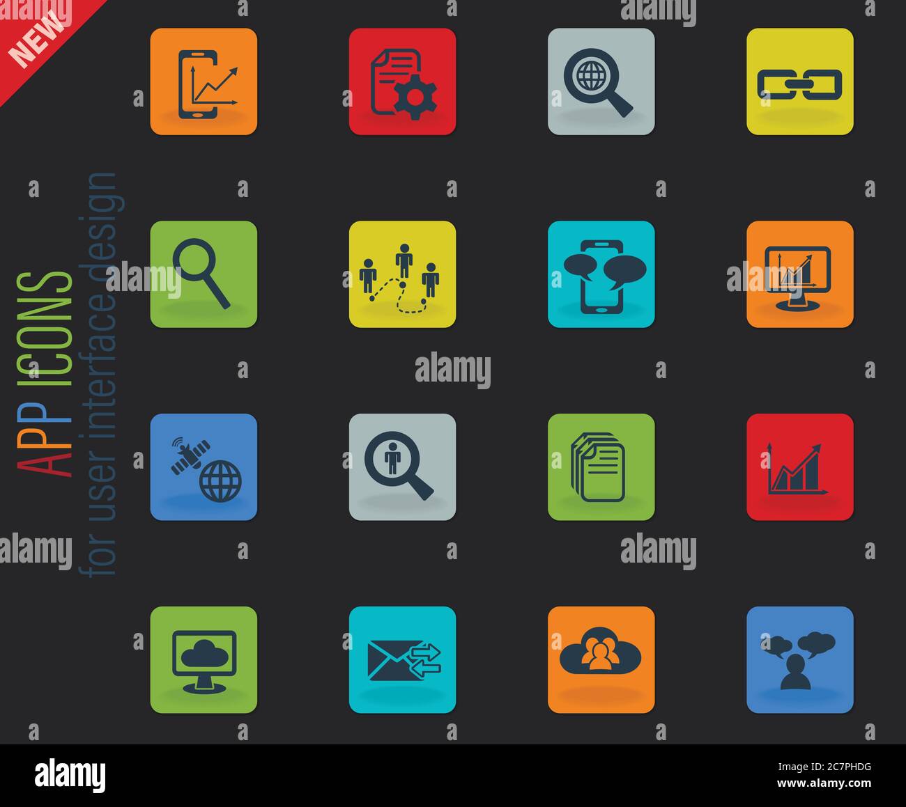 Daten, analytischen und sozialen Netzwerk Icon Set Stock Vektor
