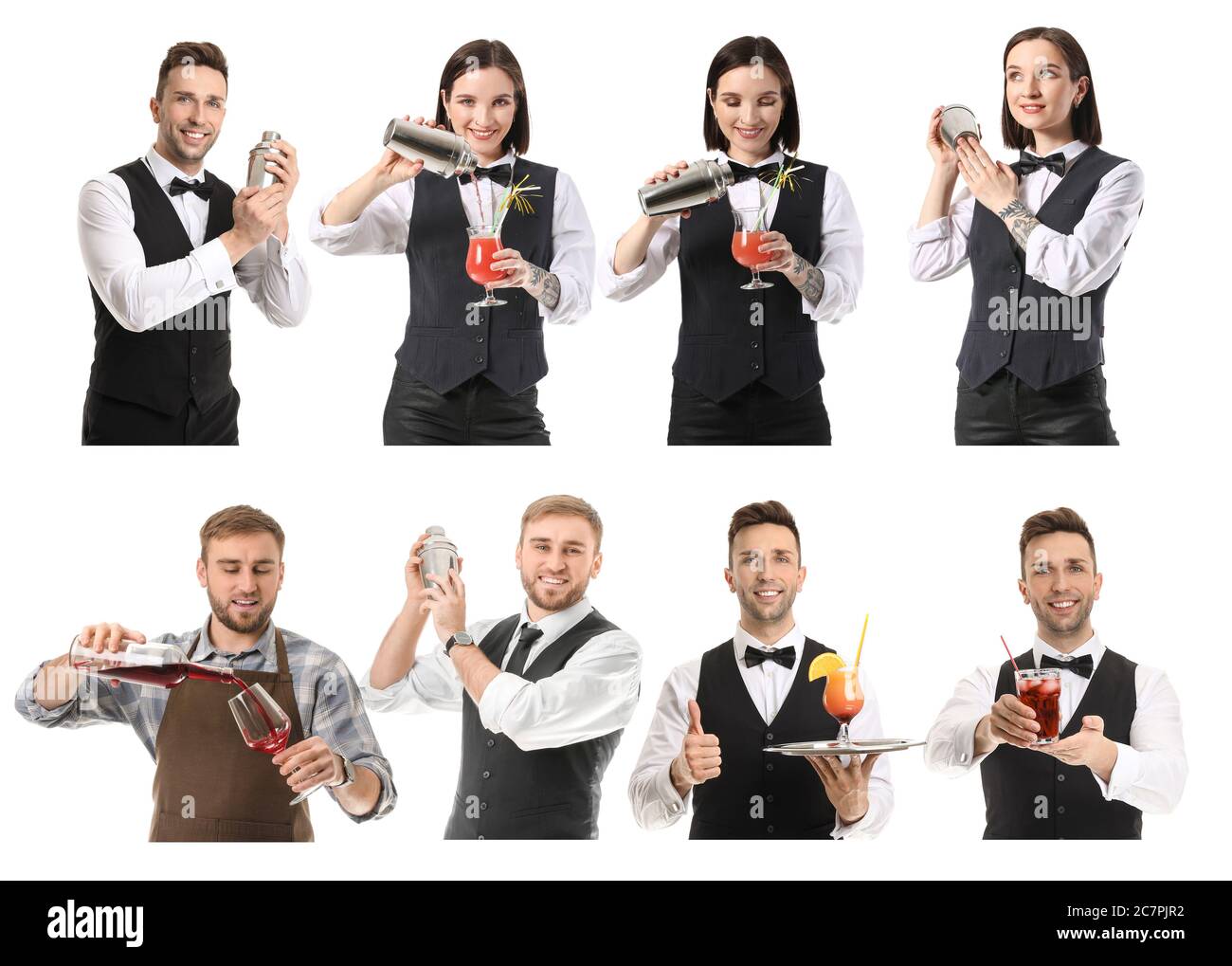 Weibliche und männliche Barkeeper auf weißem Hintergrund Stockfoto